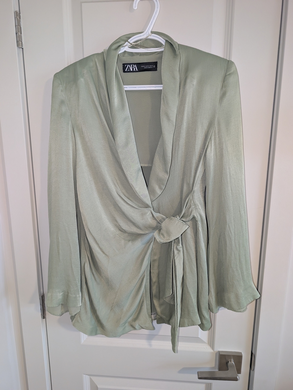 Zara Sage Green Satin Wrap Blouse